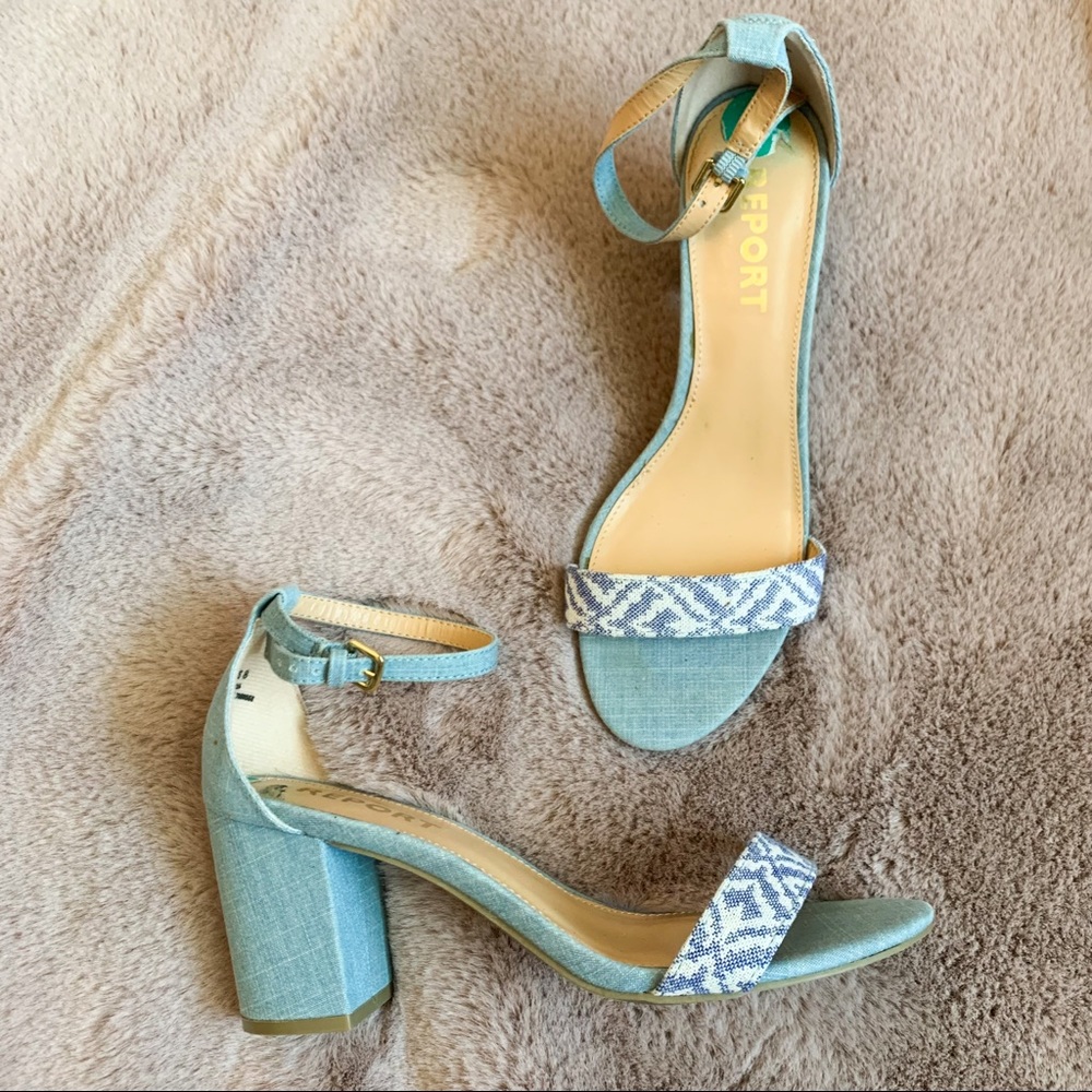 Report Blue Denim White Ankle Buckle Heels Size 8
